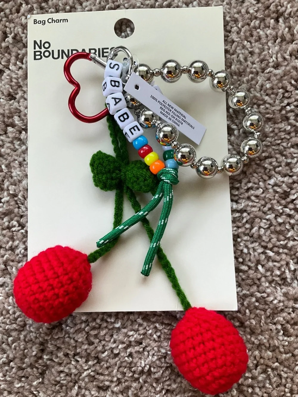 No Boundaries Women's Festival Bag Charm, Red Crochet Cherry